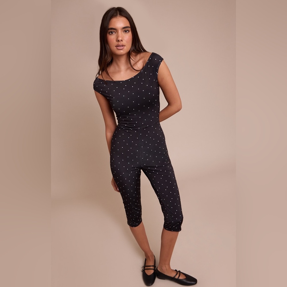 Black slinky polka dot capri jumpsuit
